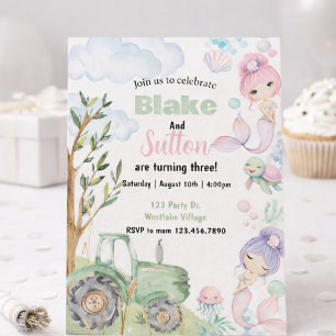 Mermaid Farm Birthday, Sibling Party, Double Birth Invitation