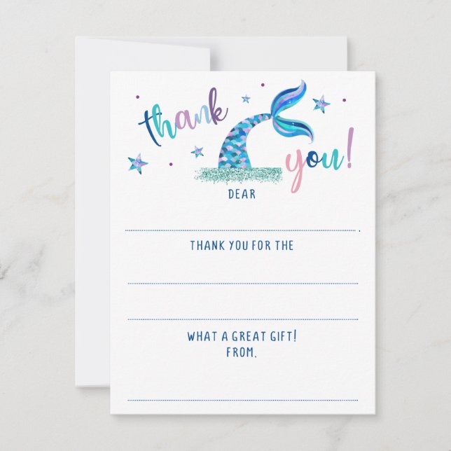 Mermaid Fill In The Blank Glitter Thank You Card (Front)