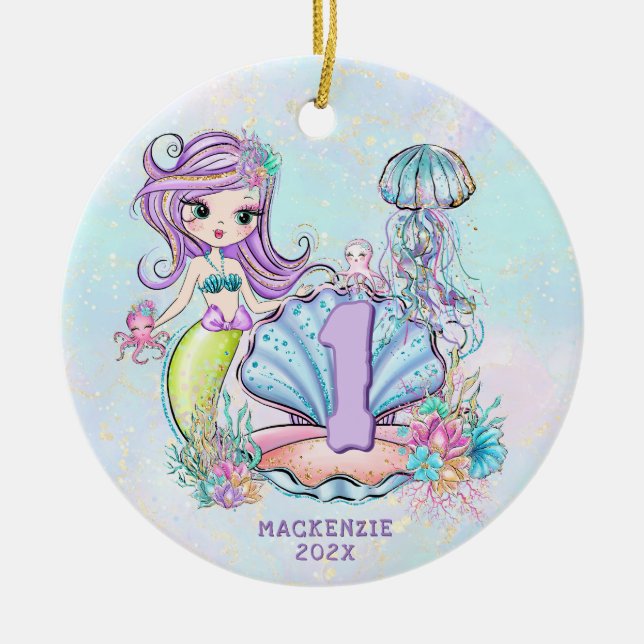 Mermaid First Birthday | Whimsical Keepsake Ceramic Tree Decoration (Front)