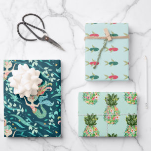 Mermaid Fish Pineapple Wrapping Paper Set of 3