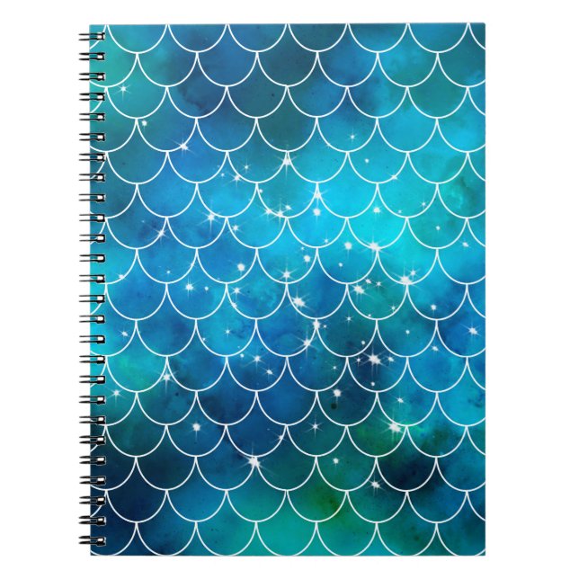 Mermaid Fish Scale Pattern Blue Spiral Notebook (Front)