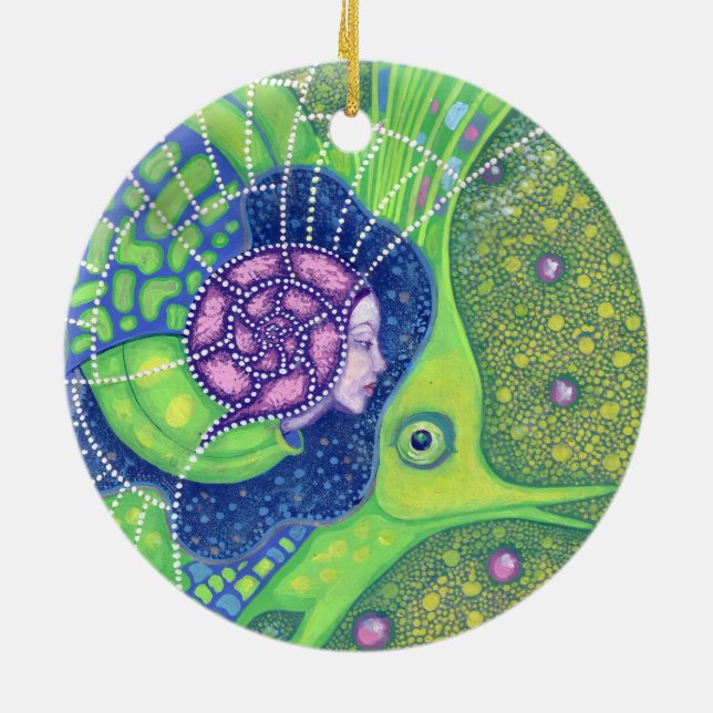 Mermaid & fish, underwater fantasy, nautical art ceramic tree decoration (Back)