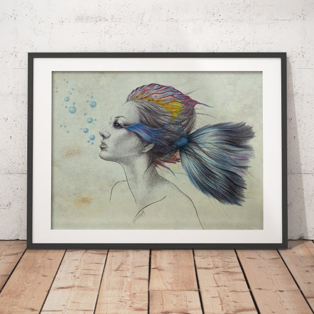 Mermaid Fish Woman Surreal Art Fantasy Drawing  Poster (Frames and matting are available on all standard sizes)