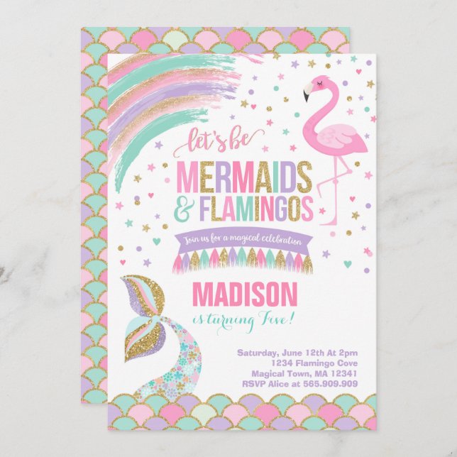 Mermaid & Flamingo Birthday Invitation Magic Party (Front/Back)