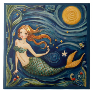 Mermaid Folk Art - Dark Blue Green Yellow Tile