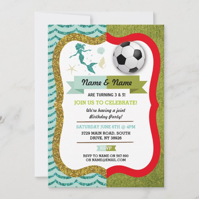 Mermaid & Football Boy Girl Birthday Soccer Invitation (Front)