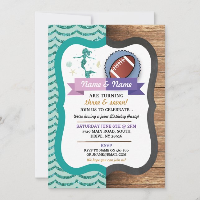 Mermaid & Football Joint Boy Girl Birthday Invites (Front)