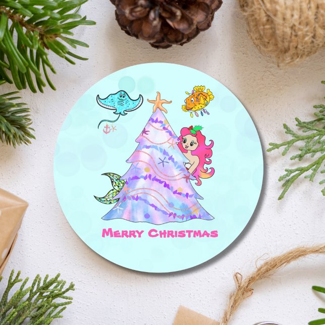 Mermaid & Friends Decorating Christmas Tree  Classic Round Sticker (Creator Uploaded)