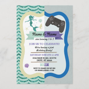Mermaid & Gaming Joint Boy girl Birthday Invites