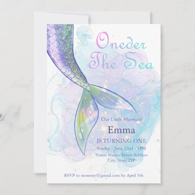 Mermaid Girl 1st Birthday Oneder The Sea Party Invitation (Front)