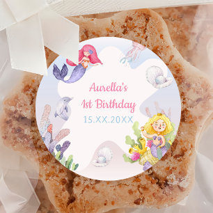 Mermaid Girl 1st Birthday Party Classic Round Sticker