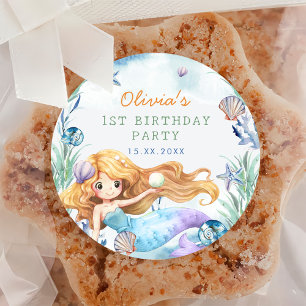 Mermaid Girl 1st Birthday Party Classic Round Sticker