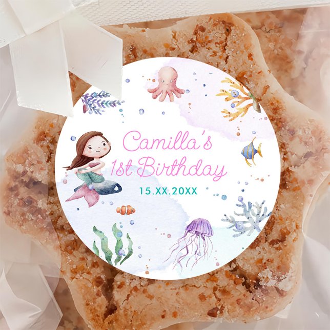 Mermaid Girl 1st Birthday Party Classic Round Sticker (Creator Uploaded)
