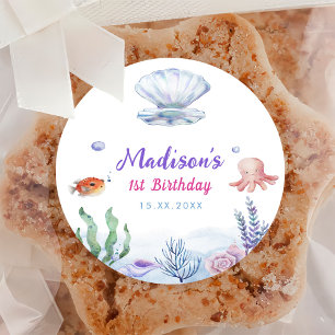 Mermaid Girl 1st Birthday Party Classic Round Sticker