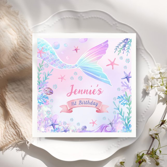 Mermaid Girl 1st Birthday Party  Napkin (Creator Uploaded)