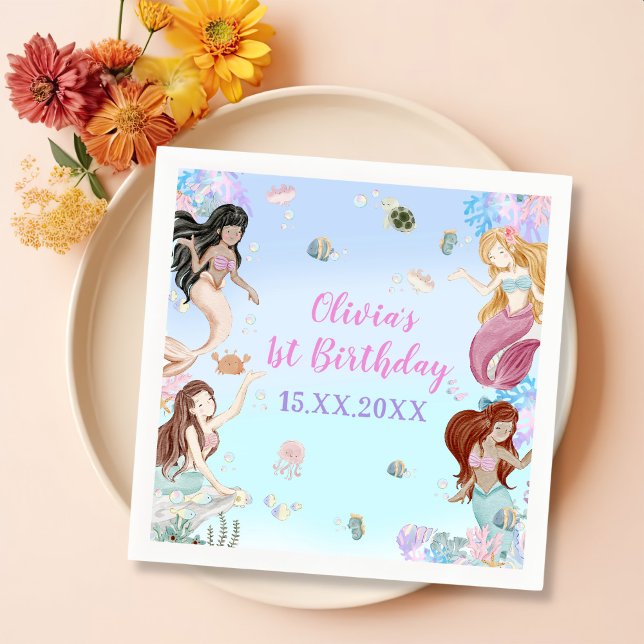 Mermaid Girl 1st Birthday Party  Napkin (Creator Uploaded)