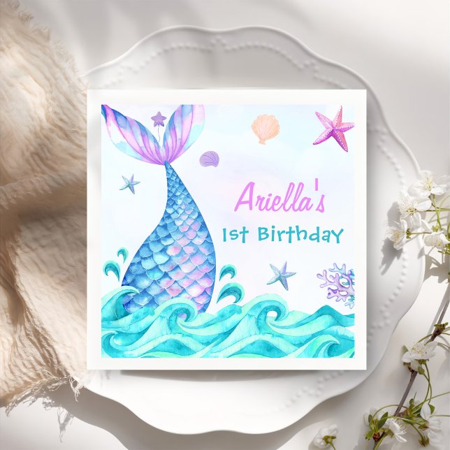 Mermaid Girl 1st Birthday Party  Napkin (Creator Uploaded)