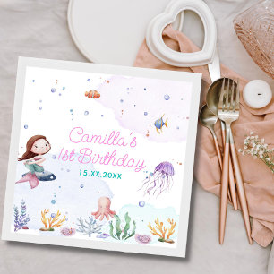 Mermaid Girl 1st Birthday Party Napkin