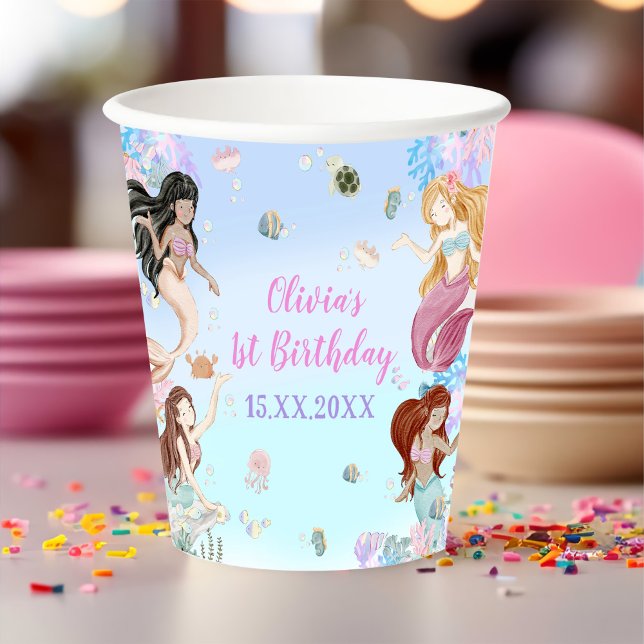 Mermaid Girl 1st Birthday Party Paper Cups (Creator Uploaded)