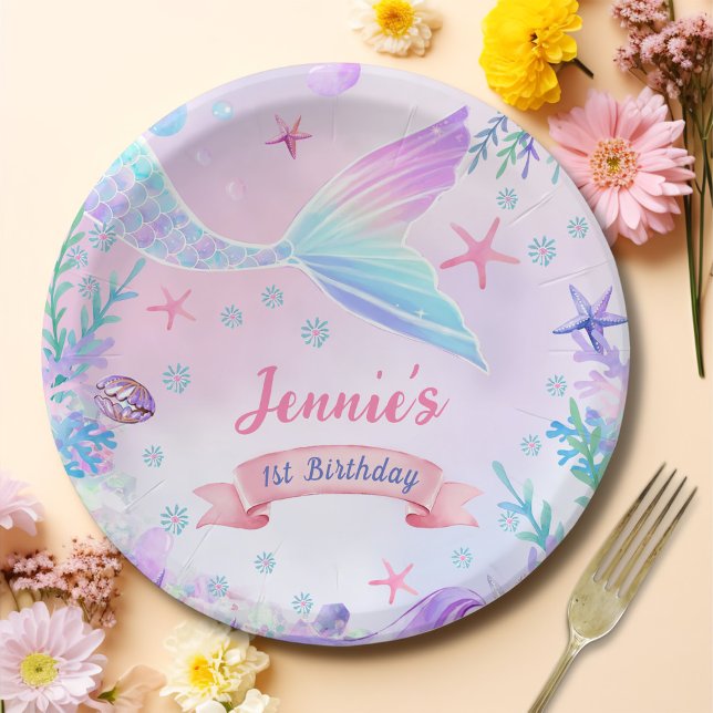 Mermaid Girl 1st Birthday Party Paper Plate (Creator Uploaded)