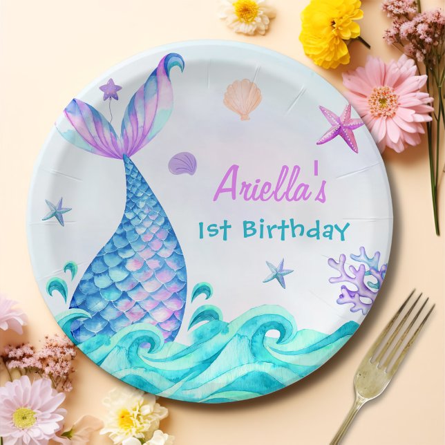 Mermaid Girl 1st Birthday Party Paper Plate (Creator Uploaded)