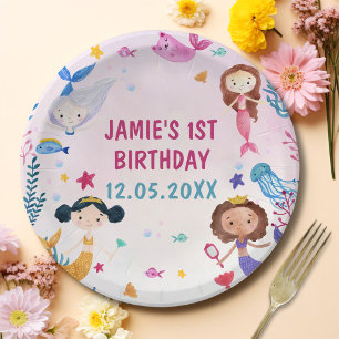Mermaid Girl 1st Birthday Party Paper Plate