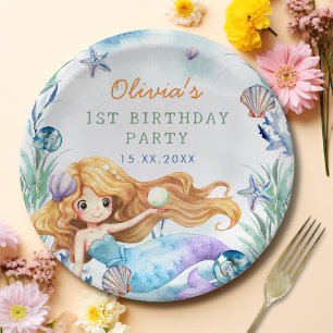 Mermaid Girl 1st Birthday Party Paper Plate