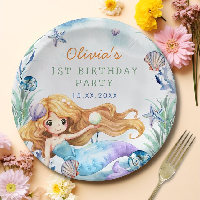 Mermaid Girl 1st Birthday Party Paper Plate (Creator Uploaded)