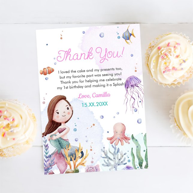 Mermaid Girl 1st Birthday Party Thank You Card (Creator Uploaded)
