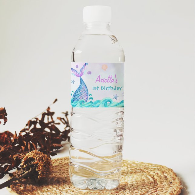 Mermaid Girl 1st Birthday Party  Water Bottle Label (Creator Uploaded)