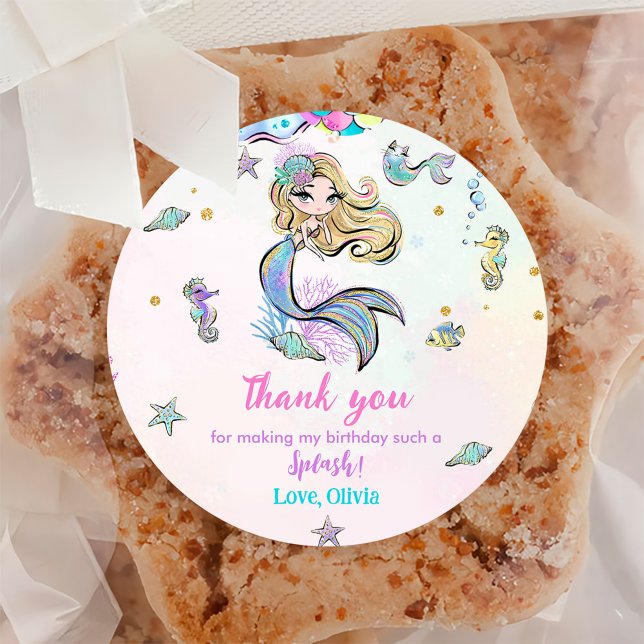 Mermaid Girl 5th Birthday Party  Classic Round Sticker (Creator Uploaded)