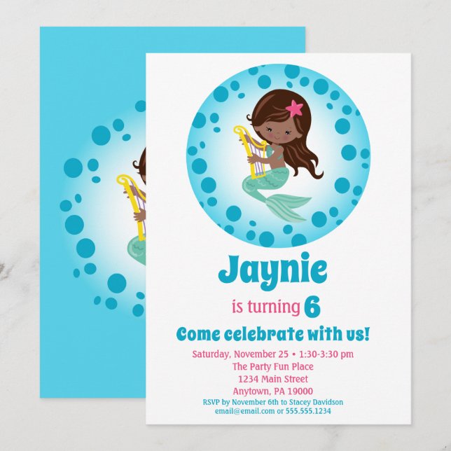 Mermaid Girl - African American Birthday Party Invitation (Front/Back)