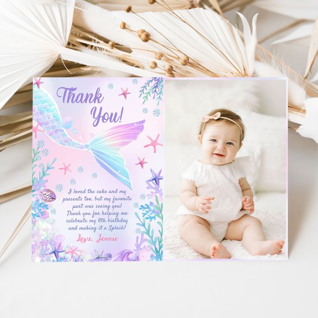 Mermaid Girl Birthday Party Photo Thank You Card (Creator Uploaded)
