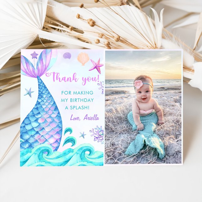 Mermaid Girl Birthday Party Photo Thank You Card (Creator Uploaded)