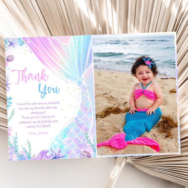Mermaid Girl Birthday Party Photo Thank You Card (Creator Uploaded)