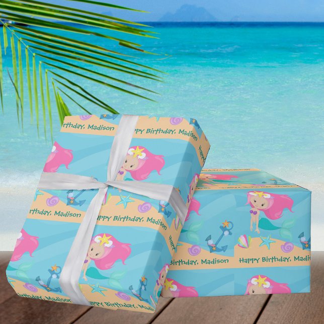 Mermaid Girl Birthday Pretty Personalised Beach Wrapping Paper (Creator Uploaded)