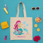 Mermaid Girl Cute Beach Narwhal Monogram Kids<br><div class="desc">Customise this beautiful pink haired mermaid girls tote bag by adding your kid's name. Cute mermaid design with pretty underwater ocean narwhal and under the sea bubbles. Cute gift for a beach or pool outing in the summer.</div>