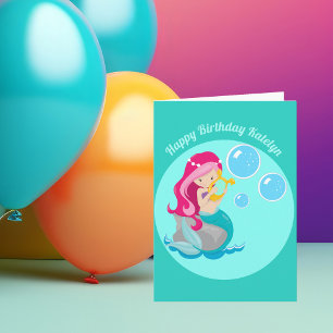 Mermaid Girl Cute Custom Childrens Birthday Card