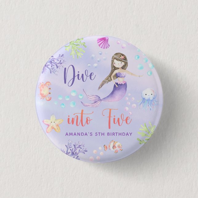 Mermaid Girl Dive Into Five 5th Birthday Party 3 Cm Round Badge (Front)