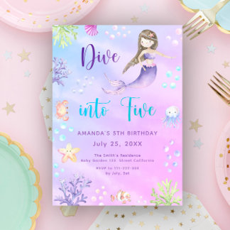 Mermaid Girl Dive Into Five 5th Birthday Party Invitation