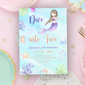 Mermaid Girl Dive Into Five 5th Birthday Party Invitation