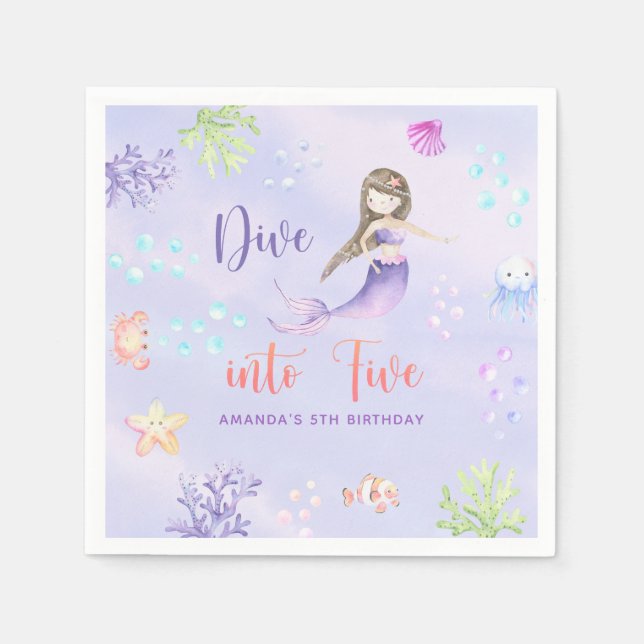 Mermaid Girl Dive Into Five 5th Birthday Party Napkin (Front)