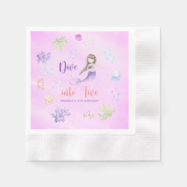 Mermaid Girl Dive Into Five 5th Birthday Party Napkin (Front)