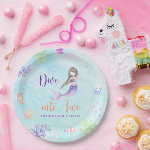 Mermaid Girl Dive Into Five 5th Birthday Party Paper Plate