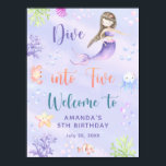 Mermaid Girl Dive into Five Birthday Party Welcome Poster<br><div class="desc">"Under the Sea" themed birthday invitation. Watercolor pastel hues,  featuring mermaid girl,  clown fish,  crab,  jellyfish,  starfish,  water bubbles and corals.</div>