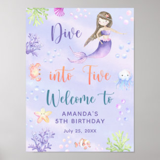 Mermaid Girl Dive into Five Birthday Party Welcome Poster