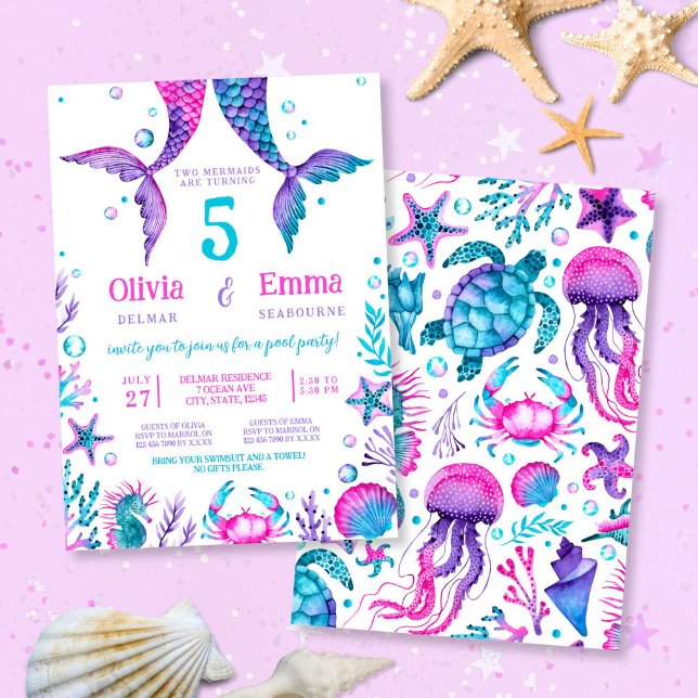 Mermaid Girl Friends Joint Birthday Party  Invitation (Mermaid Girl Friends Joint Birthday Party Invitation)