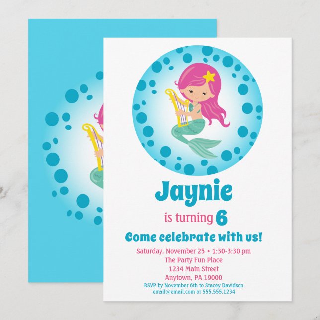 Mermaid Girl - Pink Hair Birthday Party Invitation (Front/Back)