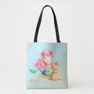 Mermaid Girl Playing with the Sand Personalised Tote Bag