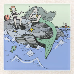Mermaid Girl Summer Beach Friendship Whimsical Glass Coaster